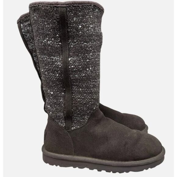 UGG Camaya Boots Women 10 Gray Suede Knit Sequin Tall Winter Glam Cozy Style GUC - Picture 1 of 7